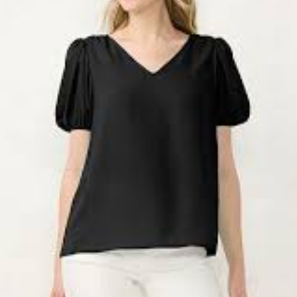LC Lauren Conrad Black V-Neck Puff Sleeve Blouse